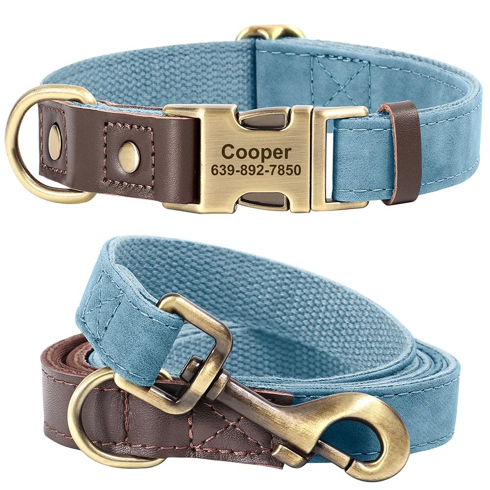 Personalized Leather Dog Collar and Leash Set Custom Engraved Nameplate ID Tag for Small Medium Large Dogs