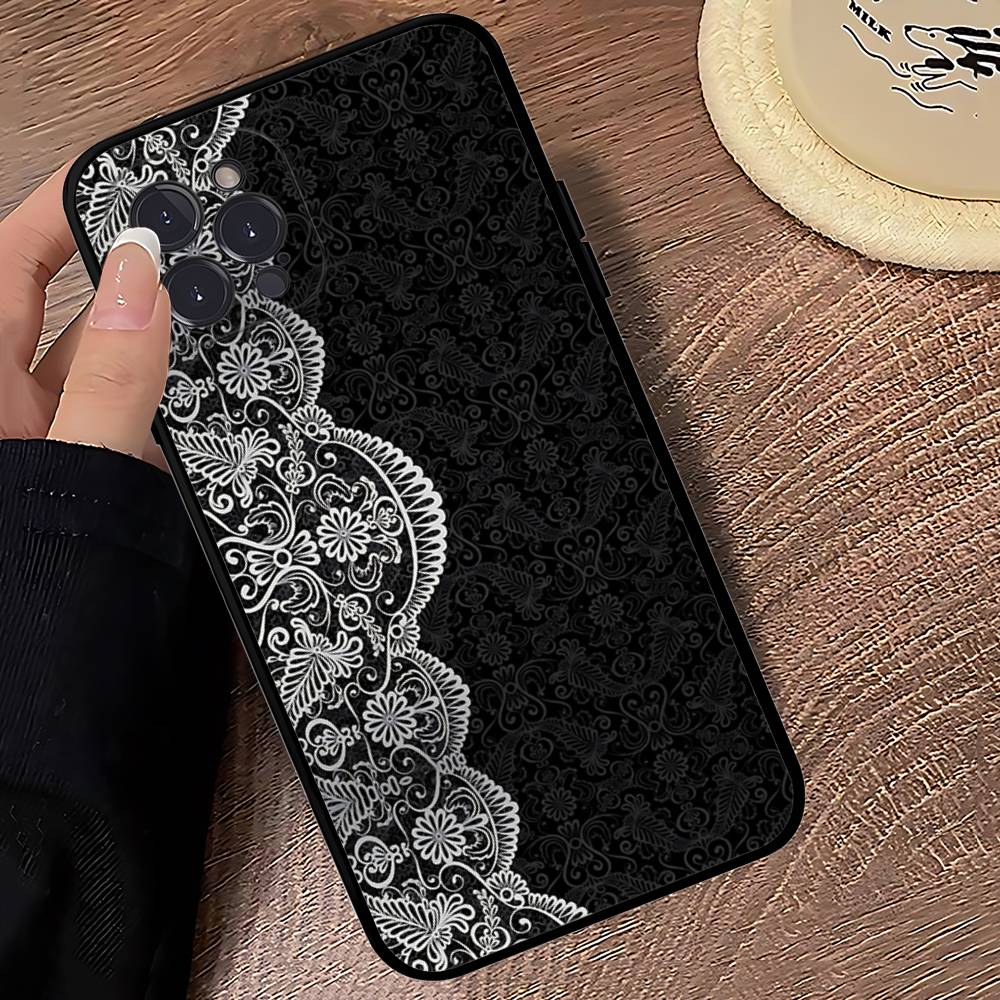 Black Lace Pattern Personalized Mobile Phone Case For IPhone 17 16 15 14 13 12 11 Pro Max Plus Mini Soft Black Cover