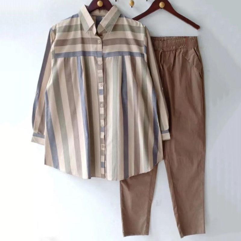 

Полосатый спортивный костюм-двойка большого размера с воротником поло для весны и осени XL светло-коричневого