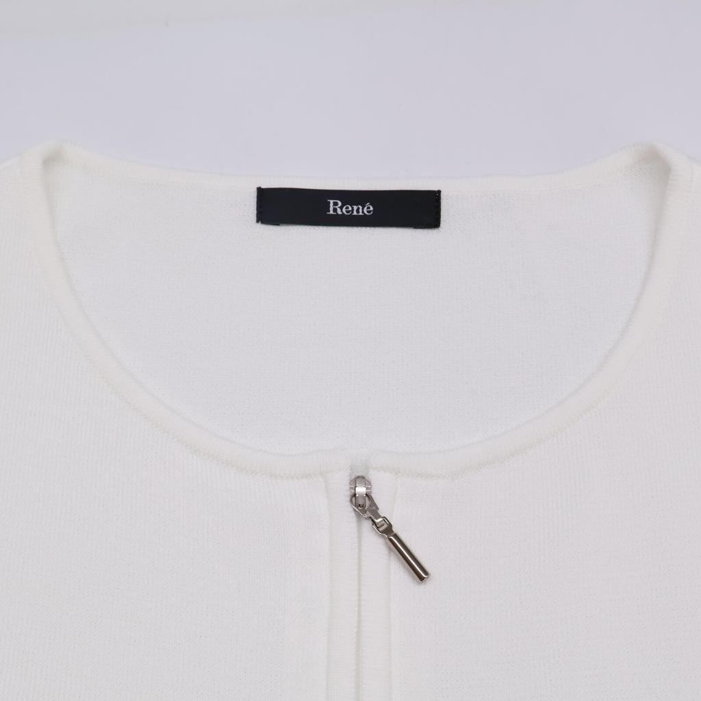 Rene 5422030 White Cotton Coated Pearl Sheer Check Puff Sleeve W-Zip Cardigan Tops 38 whiteUsed