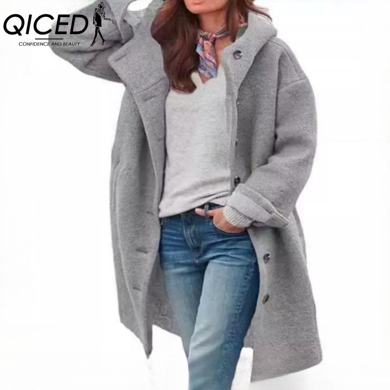 

QICED Женские винтажные повседневные куртки и пальто с принтом «клетка», осенне-зимние, с длинным рукавом и воротником поло M серый