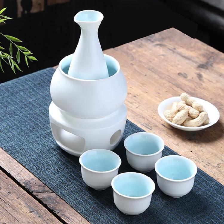 Japanese Drinking Set Contains Heat Resistant Sake Carafe Bottle 4 Cups Warmer Candle Stove Birthday Housewarmings Gift