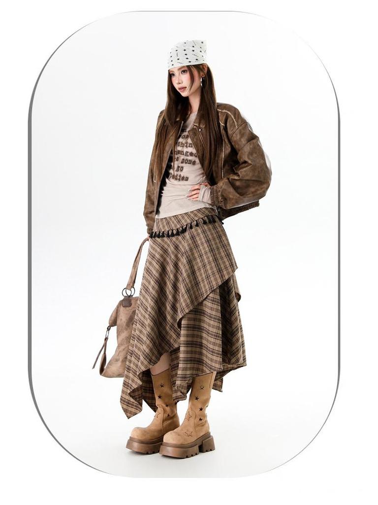 Women's Irregular Plaid Tassel A-line Skirt with Embroidery - High Waist, Slimming Fit, Mid-length for Autumn/Winter