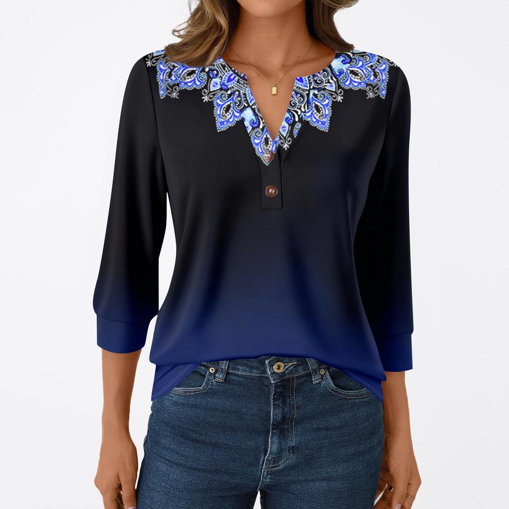 Camiseta Casual de Moda para Mujer Manga 3/4 Estampados Cuello en V Top con Botones