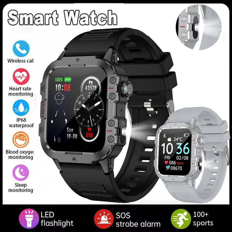 New Outdoors Smart Watch LED Flashlight IP68 WaterProof Multi-Sport Mode Heart Rate Blood Oxygen Monitoring Men Smartwatch