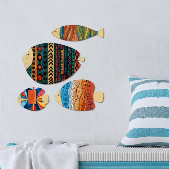 4 Pcs Wood Fish Nautical Wall Decor, Rustic Coastal Ocean Fish Wall Art, Vintage Farmhouse Hanging Beach Decor for Lake House, Bathroom, Entryway