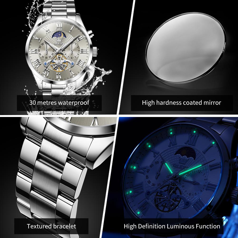 OLEVS 3640   Luxury   Moon Phase Stainless Steel Roman Waterproof  Style Quartz Watch for Man