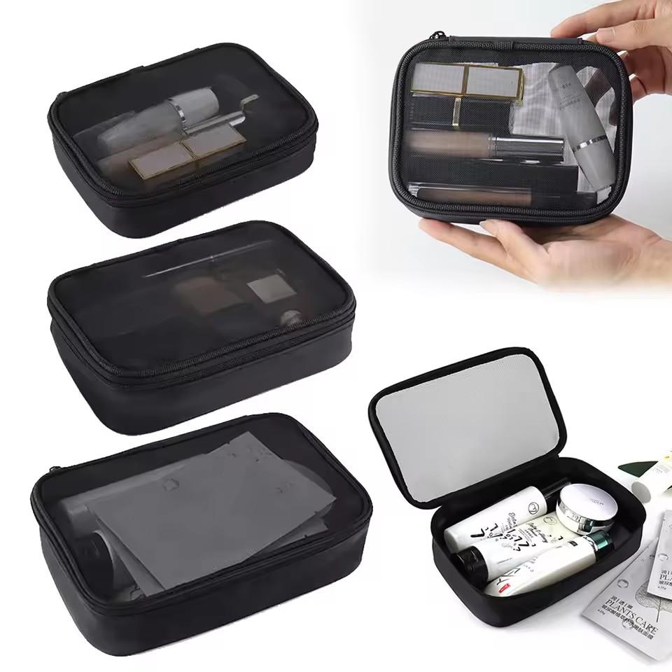 

Black Women Makeup Bag Women Solid Color Zipper Cosmetic Bag Mesh Transparent Casual Travel Portable Mini Wash Storage Bags
