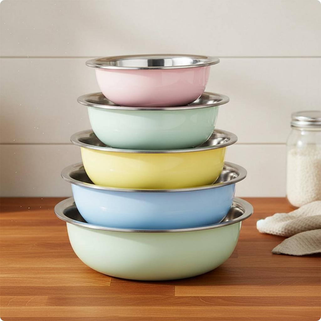 5 Pieces Bowl Set with Colander Multicolor Metal Wash Bowls Nested Stainless Bowls Nestable Design Colorful Kitchen Bowl Set