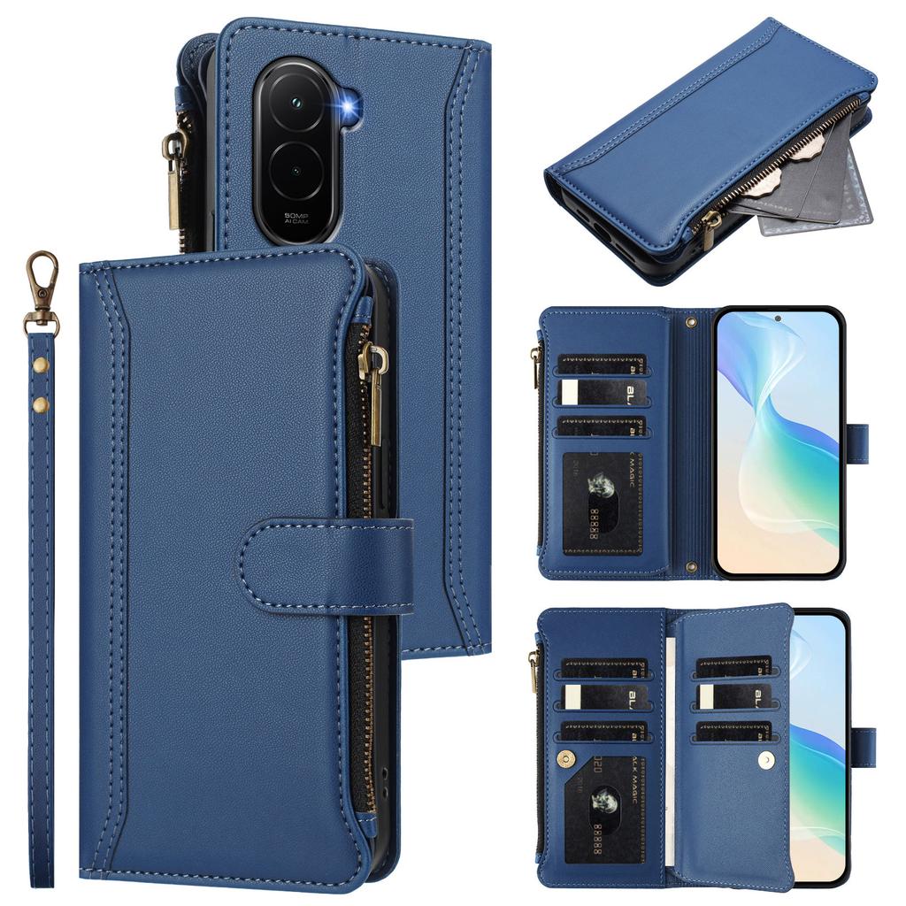 For Xiaomi Poco M7 Plus 5G/M7 4G (169mm) Leather Case 9 Card Slots Zipper Wallet Stand Phone Cover with Wrist Strap
