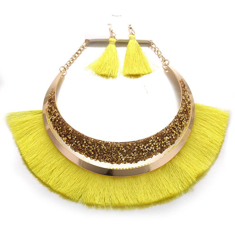 Vintage Tassel Sequins Necklace Earrings For Women With Geometric Style Alloy Metal Pendant Yellow