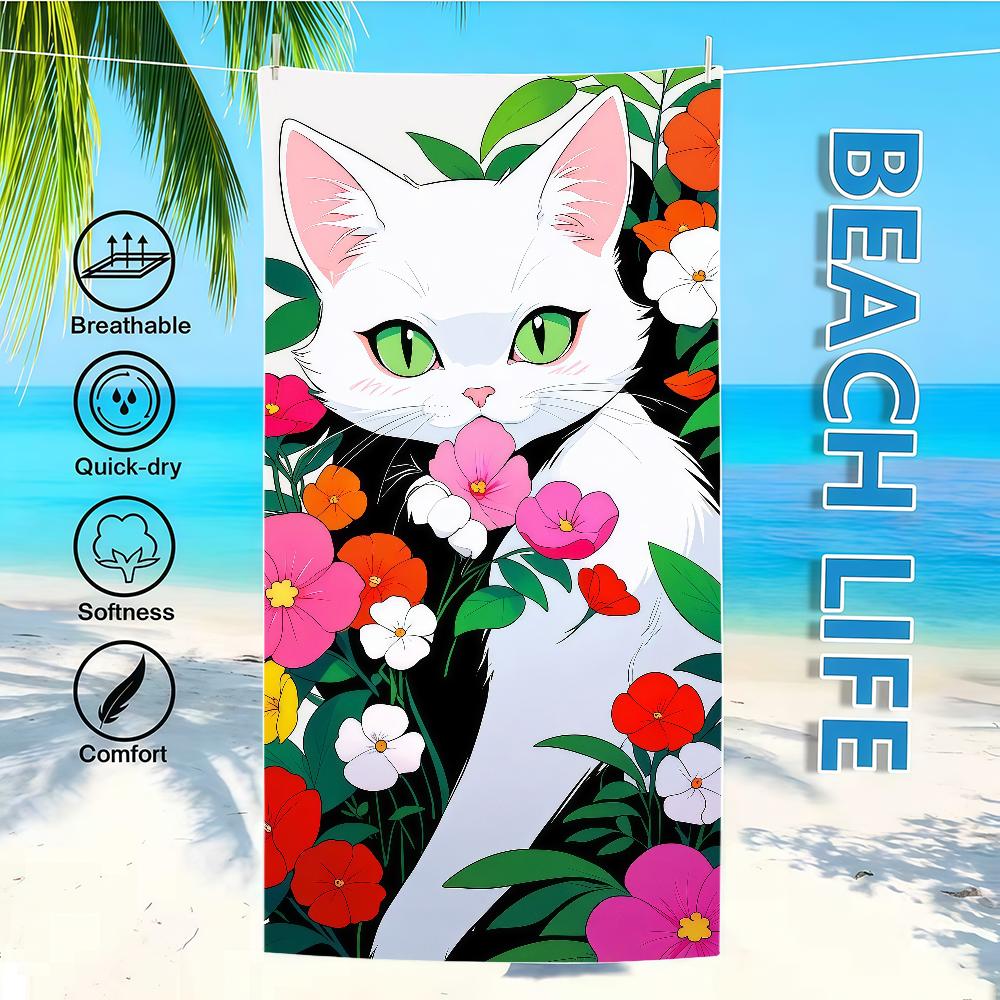 

Towel Textile Flowers Bathrobe Beach Cat Surrounded Quick-Drying Adorable Lightweight Portable White Camping Swim Pool Travel W40*H60(CM)