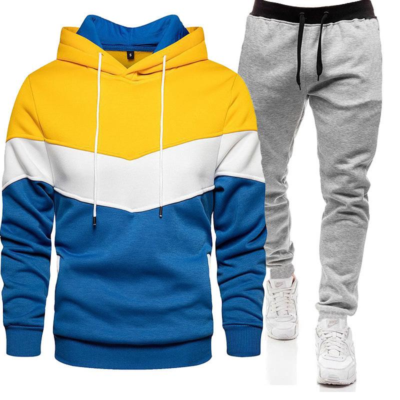 Sports Suit Men's Plus Loose Hooded Sweatshirt Sweatpants Color Blocked 2-piece Set Light Panel