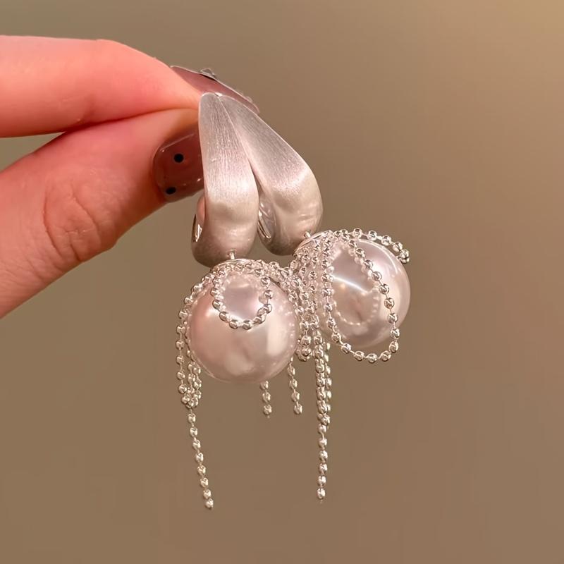 1Pair French Romantic Pearl Fringed Earrings Women's Pendant, Romantic Imitation Pearl Fringed Earrings