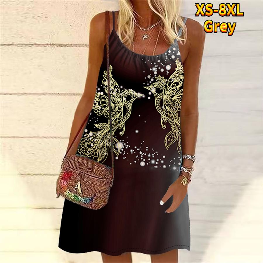 Women Flower Flying Side by Side Printed Mini Dress Sleeveless Party Dress Summer Beach Dress Sundress