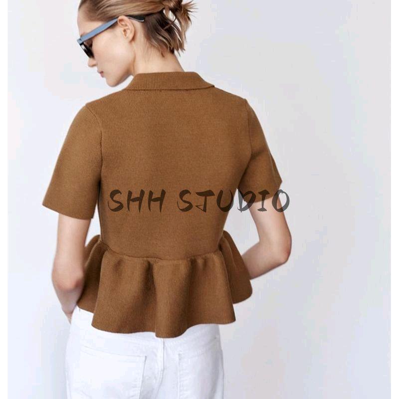 Spring New Women Clothes Graceful Lapel Short Sleeve A- Line Short Skirt Hem Knitted Outerwear 2142012