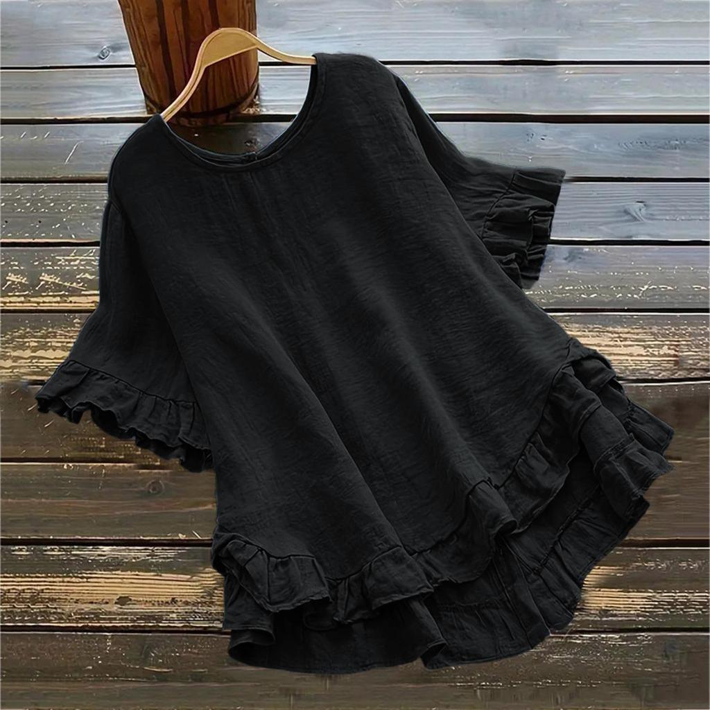 2026 Women's Cotton Linen Solid Color Ruffle Cuff Short Sleeve Button-Up Shirt