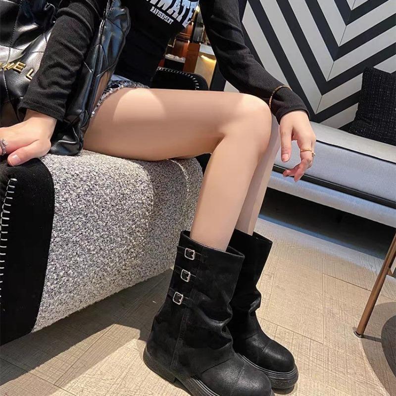 

Fashion Retro Women 2025 New Metal Buckle Block Heel Trouser Boots Platform Short Boots 35