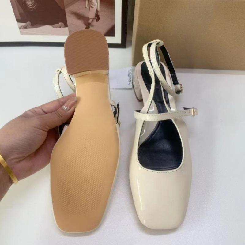 Mid Heels Office Lady Mary Jane Shoes Retro Patent Leather Square Head Slingbacks Fashion Ankle Strap Ladies Summer Sandals