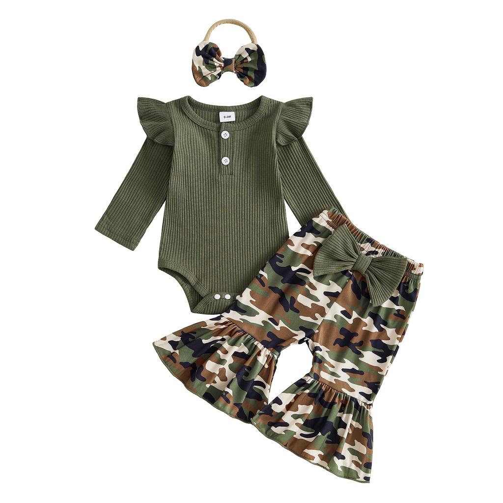 Citgeett Autumn Infant Baby Girls Fall Outfit Long Sleeve Romper Camo Floral Flared Pants Headband Casual Clothes