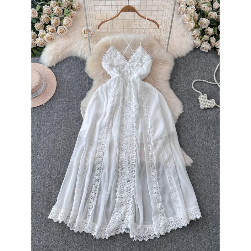 White Moonlight Dress Women's French Pure Desire Atmosphere Lace Splicing Sling Fairy Dress Niche Style Chic Vacation Skirt