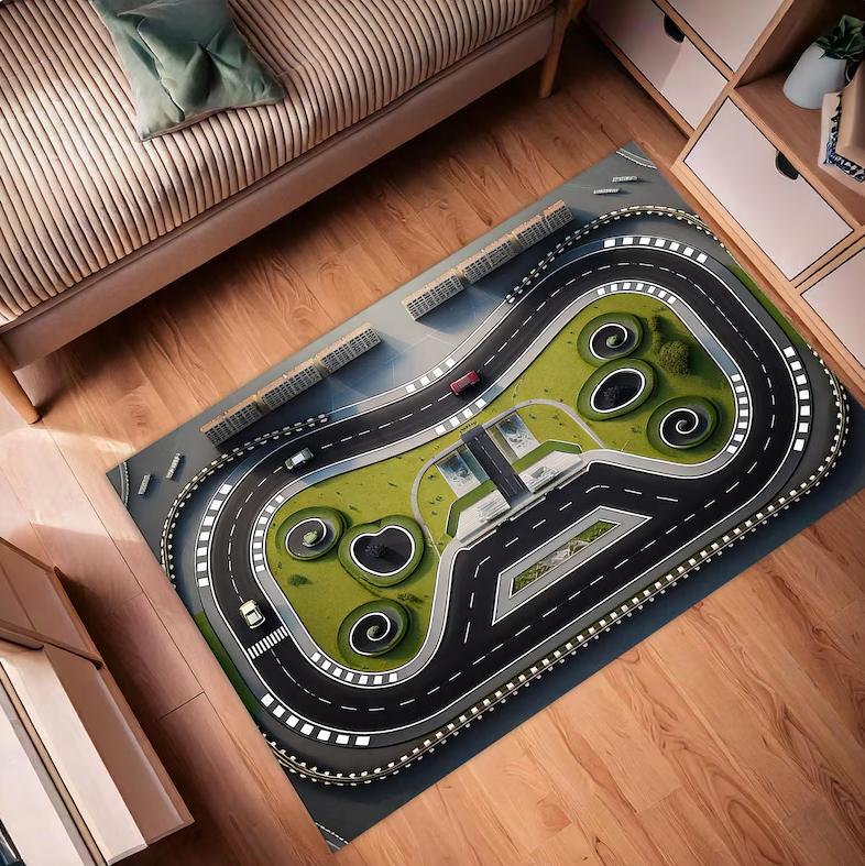 

Kids Room Rug 3D Race Track Theme Carpet Non-Slip Soft Easy Clean Durable Racing Enthusiast Parent-Child Home Decor Mat 40X60cm
