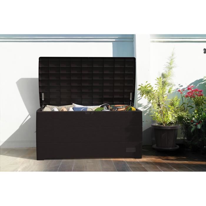 Coffre de jardin résine duramax 416l marron - résistant uv et intempéries, banc 2 places