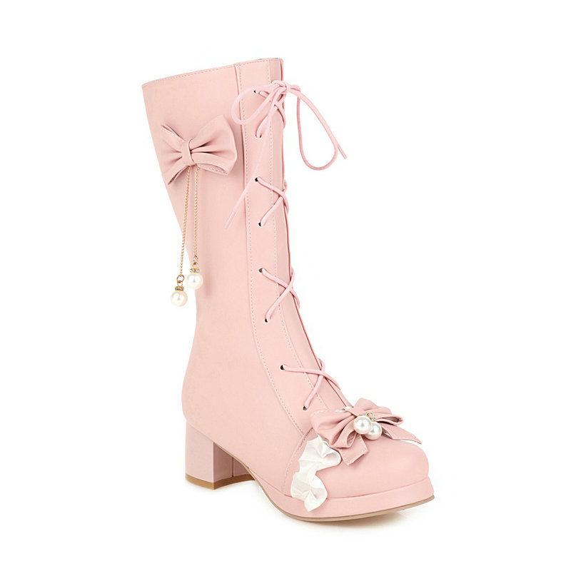 

Fashion Girls Boots Cosplay Princess Mid Long Lolita Boots Women High Heel Pink White Black Ruffles Bowknot Party Shoes 30-43 43(26.5cm)