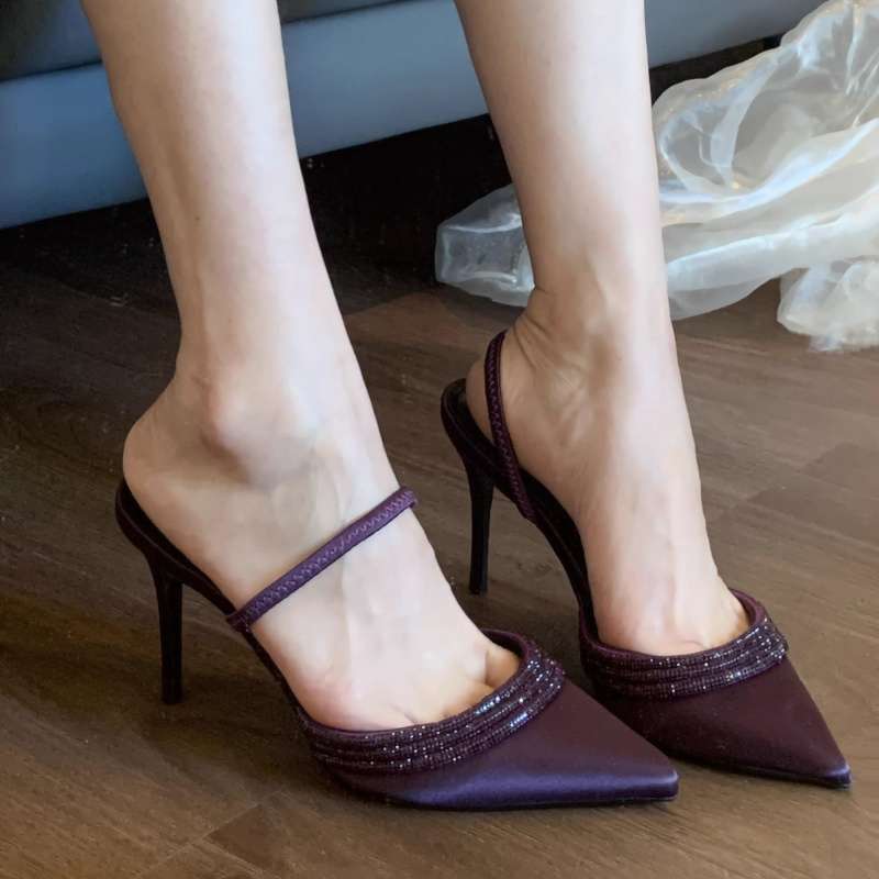 2025 Autumn New Pointed Purple Thin Heel High Heel Light Mouth Rhinestone One Word with Satin Sandals Half Drag Sandals Women