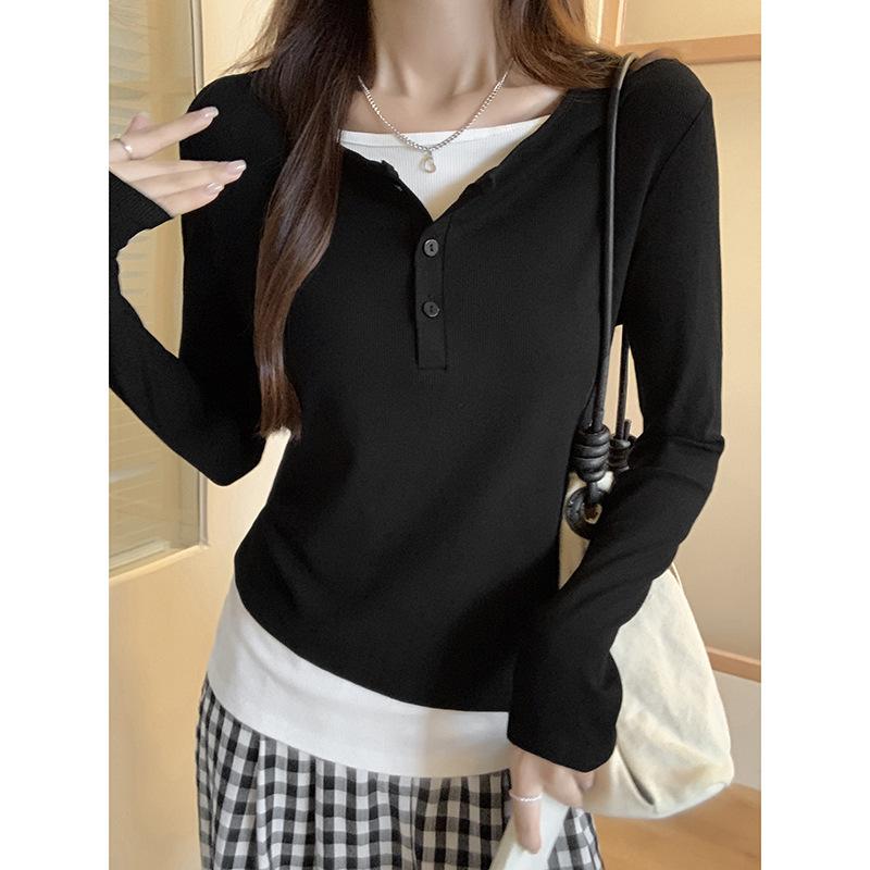 Fake Two-piece Contrasting Color Long-sleeved Women's T-shirt for Autumn, Slim Fit Waist, Slimming, Exquisite and Beautiful Bottoming Shirt Top