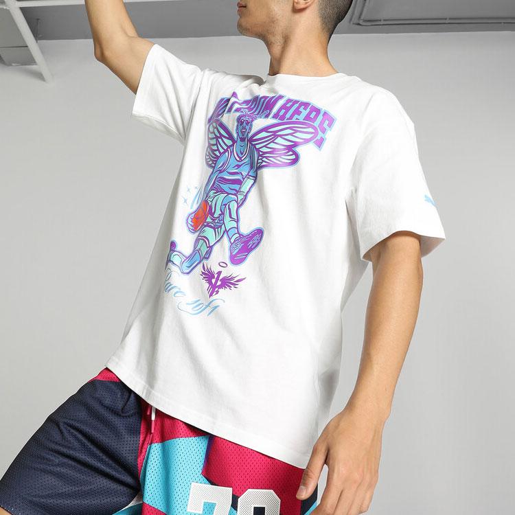 Puma Melo Charlotte Letter Print Basketball Character Design Casual Crew Neck Short Sleeve Drop Shoulder T-Shirt Men Tops White 627744-03