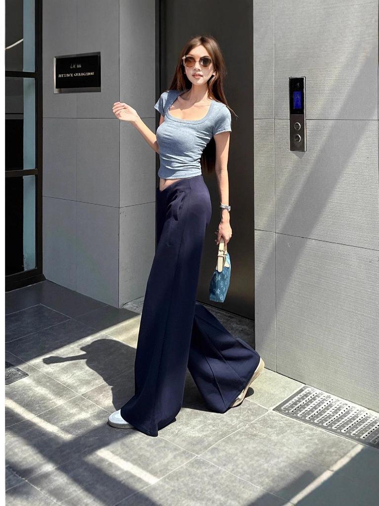 Women's Navy Blue Side Zipper Wide-Leg Low-Waist Yoga Sweatpants, Floor-Length Slim Fit Casual Autumn Pants