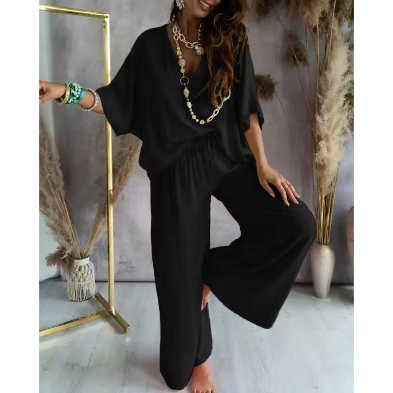 

Fashion New Arrival Fashion Loose V Neck Short Sleeve Top and Trousers Suit V-Neck Top and Pants Set Black S