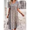Sommerkleid für Damen, V-Ausschnitt, elegant, bedruckt, kurzärmelig, hohe Taille, A-Linie, Blumenmuster, Urlaubskleid