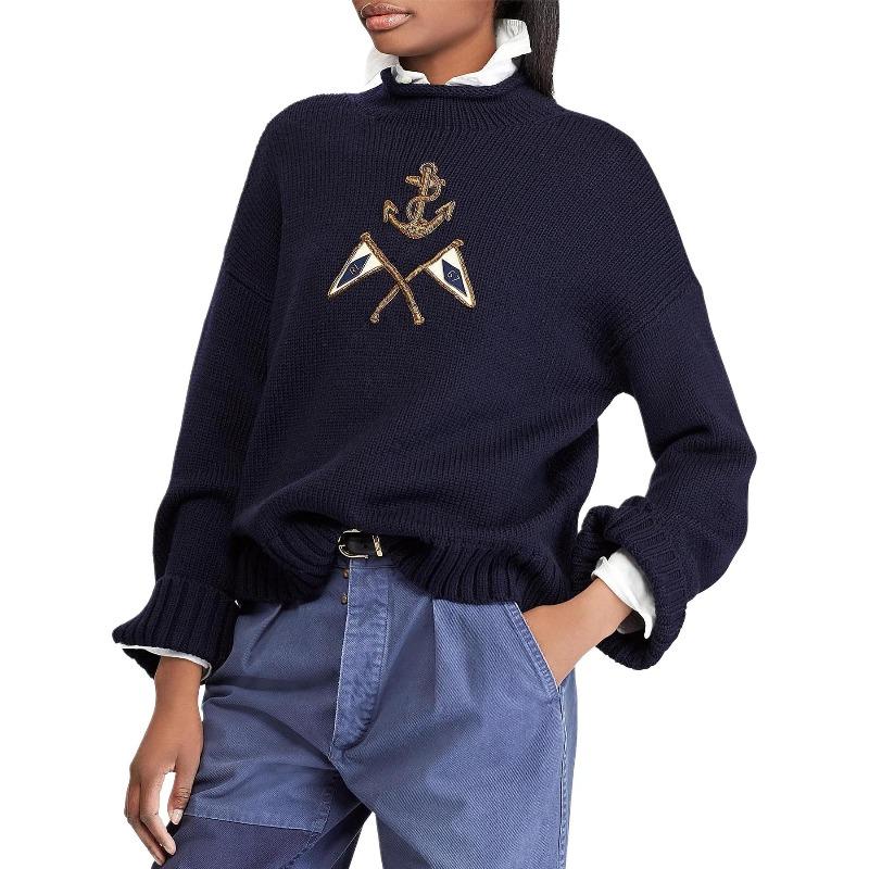 Ralph Lauren Crest Logo Embroidered Long Sleeve Pullover Knit Sweater Women 211762022-001