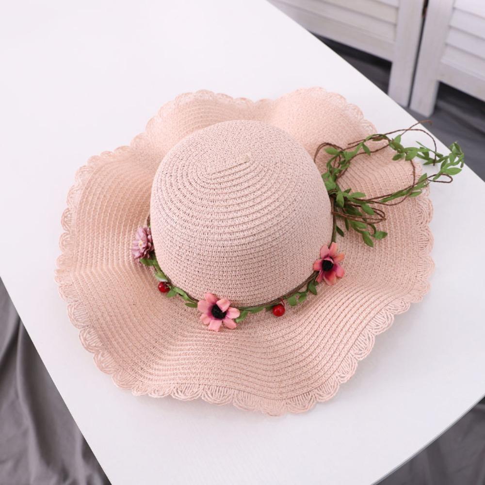 Wide Brim Beachside Sun Hat Fishing Cap Summer Beach Hat Portable Flower Lafite Straw Hat  Outdoor