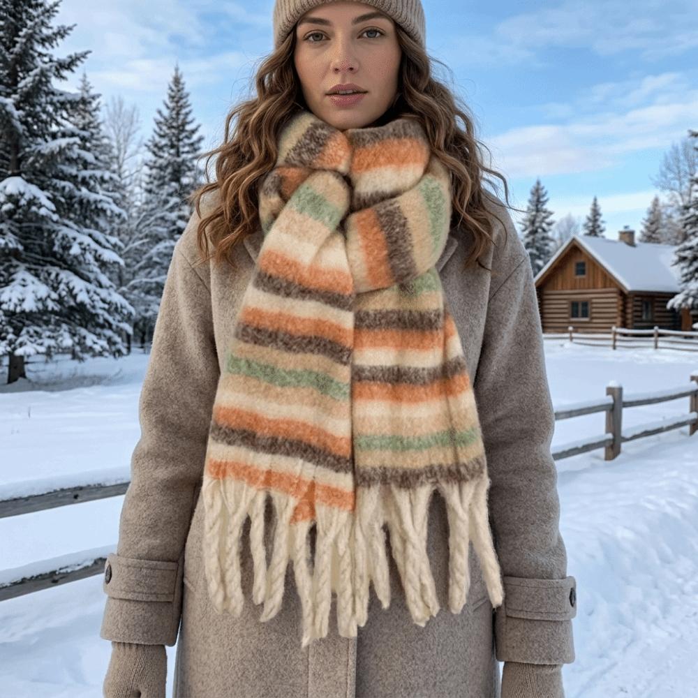 Rainbow Stripe Wool Scarf Tassel Long Shawl Classic Winter Cashmere Scarves Women