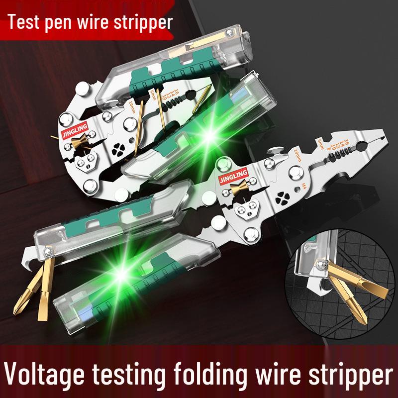 Electrician's Multifunction Tool: Pen-Style Wire Stripper, Cutter, Crimper, and Foldable Screwdriver.