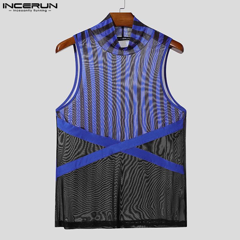 INCERUN 2PCS Men Sleeveless Striped Mesh Sheer Tank Tops Elastic Waist Layers Pants Sets