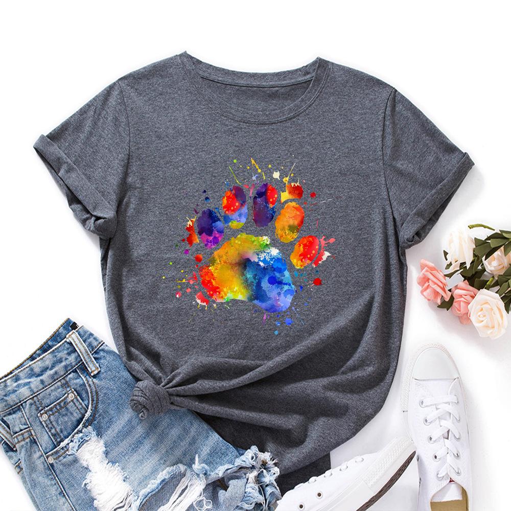 Dog Paw Pattern Cotton T-Shirt Short Sleeve Round Neck Women 2d Print Tops