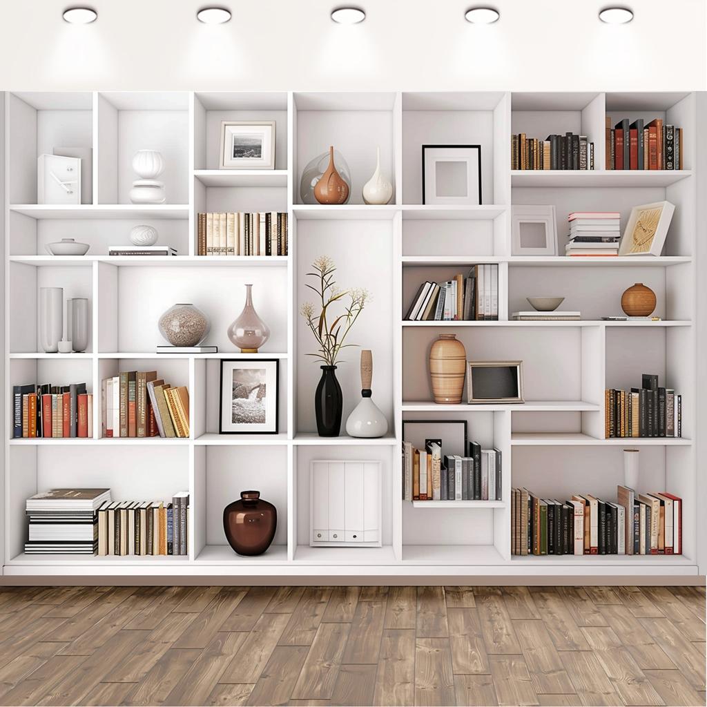 The multifunctional white bookshelf and office background are very suitable for video conferencing and home decoration