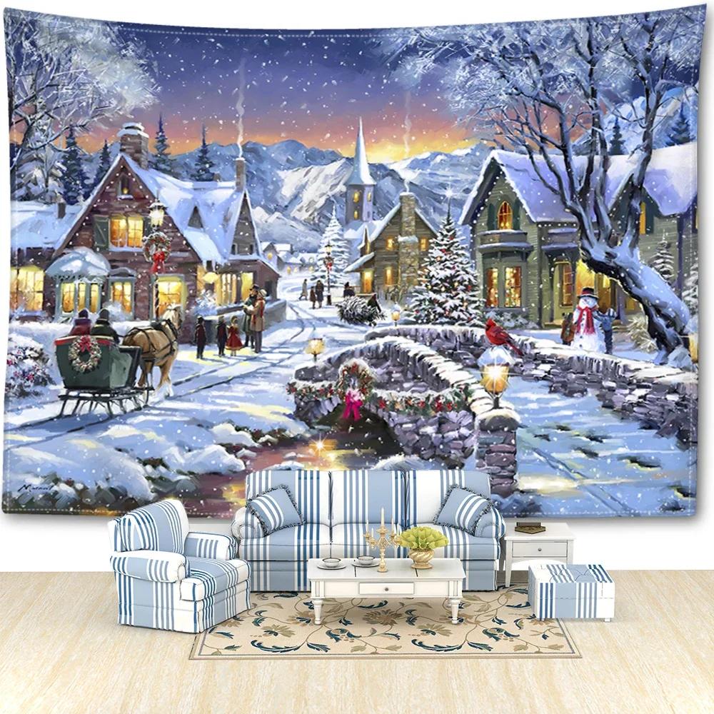 HD-Christmas Snowy Landscape Tapestry with Carriage – Bohemian Winter Wall Hanging for Living Room, Bedroom Holiday Home Decor