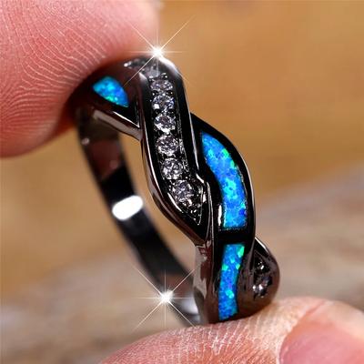 Unique Blue White Fire Opal Infinity Ring for Women and Men Charm Black Gold Color Compact Braided Zircon Opal Ring Jewelry
