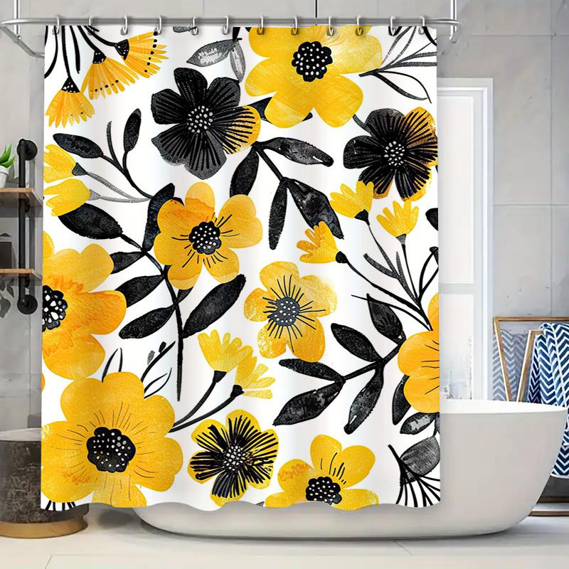 

Modern Watercolor Floral Shower Curtain Waterproof Bathroom Decor Printing Curtains For Home Decoration Yellow Black Design 180 W60H190(CM)-1 Pcs