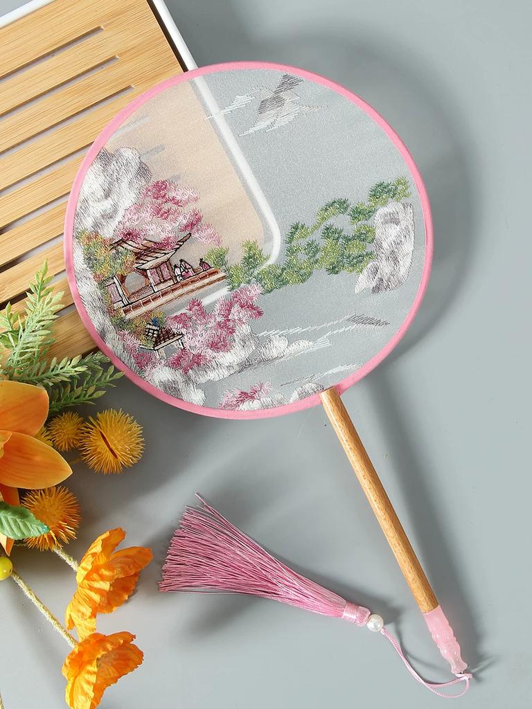 Antique Embroidery Circular Fan Chinese Style Cheongsam Fan Women's Double-Sided Embroidered Transparent round Long Handle Ancient Chinese Clothing