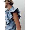 Zaprha 2025 Summer New Frill Laminated Denim Small Flying Sleeve Lapel Sleeveless Shirts 9942155