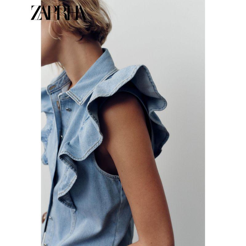 Zaprha 2025 Summer New Frill Laminated Denim Small Flying Sleeve Lapel Sleeveless Shirts 9942155