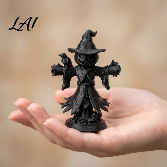 Matte Black Resin Statue Pumpkin Scarecrow with Crow Figurine 3D Printed Gothic Dark Witch Home Decor Hat Jack-o'-Lantern Statue Halloween