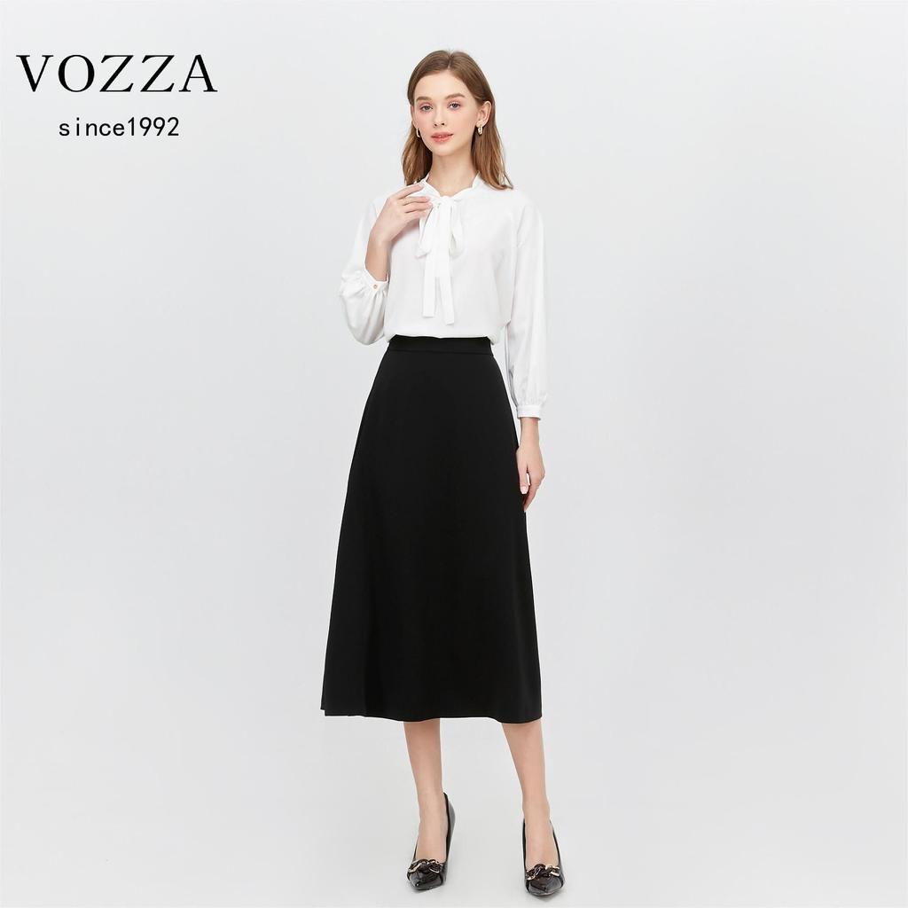 VOZZA Flared Skirt with Elastic Circular Midi Solid Sizes Black Women's Midi-Length Waist, A-Line, Below-the-Knee, High-Waisted, Skirt, Length, Lined,