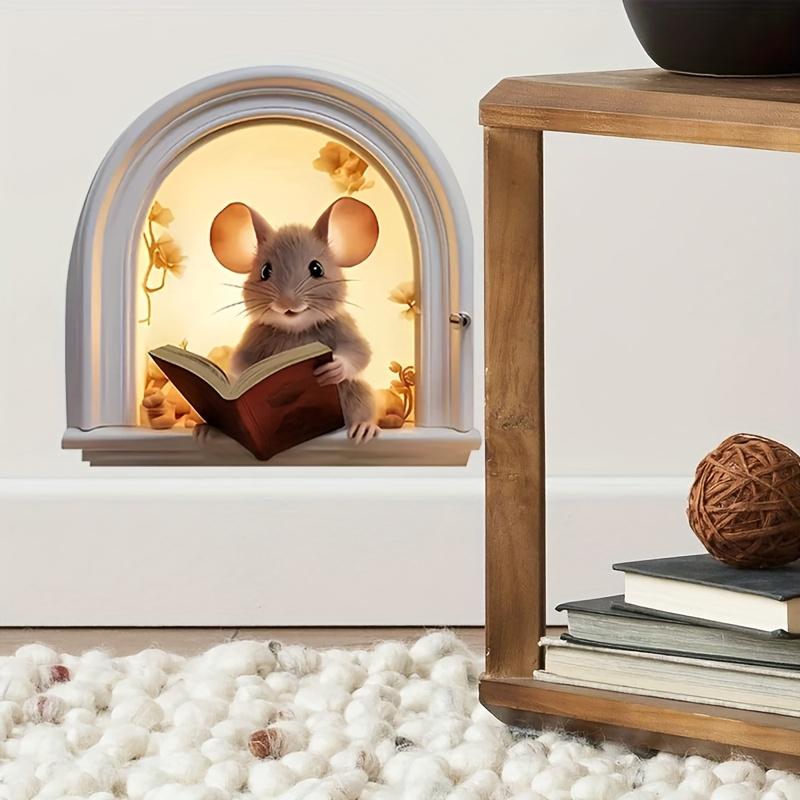 3D Mouse Reading Book in Mouse Hole, Decal Sticker, Removable Wall Decor, Book Lover Gift Idea, Baseboard, Wall Sticker Decal, Kids Room, Classroom